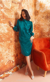 Velvet midi dress with high neckline and gathered sleeve detail for an elegant silhouette